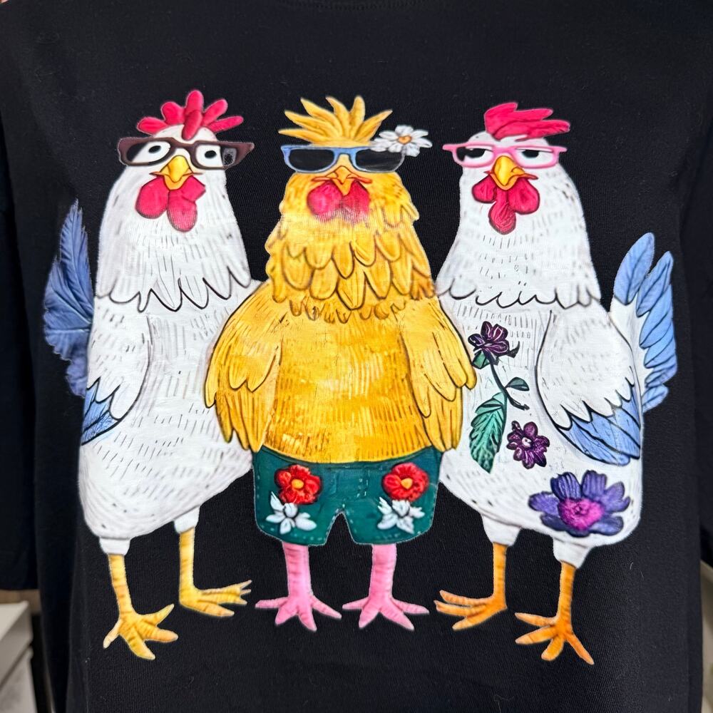 Chickens in Glasses Womens T Shirt Top Short Sleeve Pullover Crew Neck Black 2X